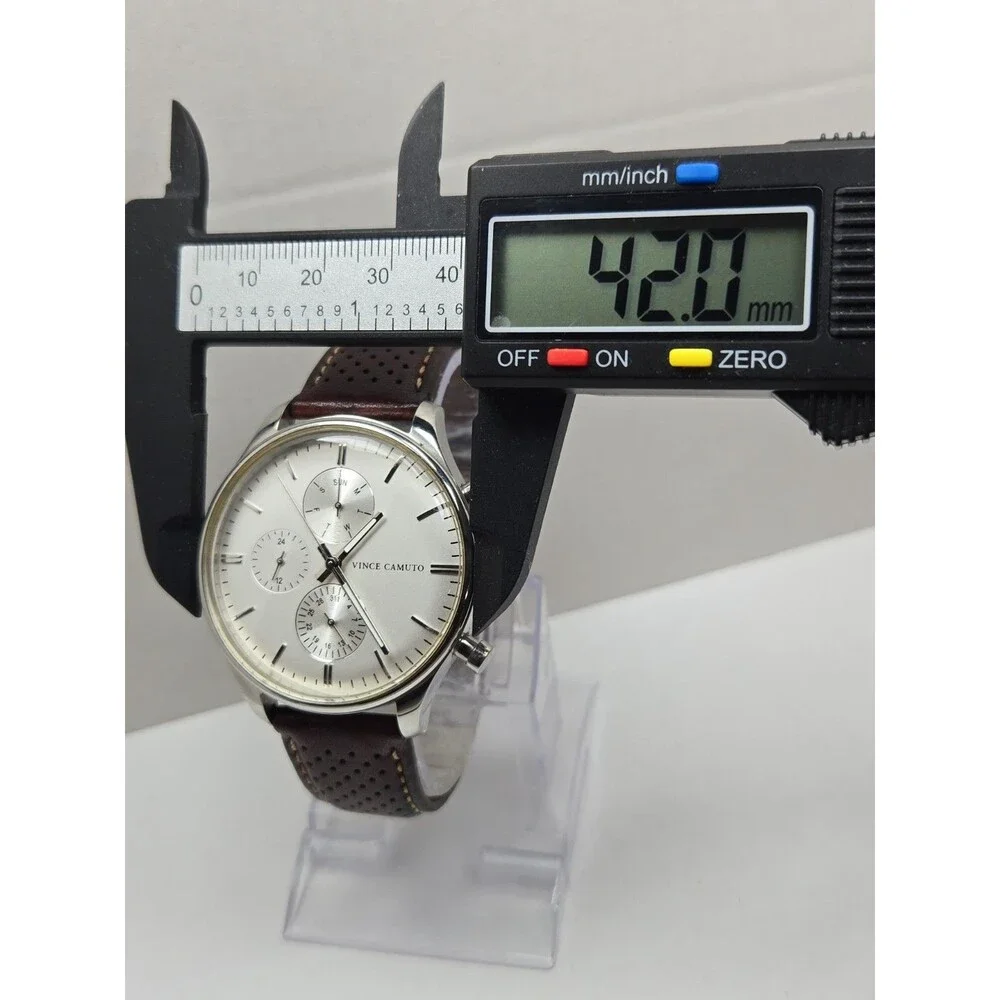 Vince Camuto Mens 42mm Watch VC1101SV Silver Tone Multi Dial Leather New Battery